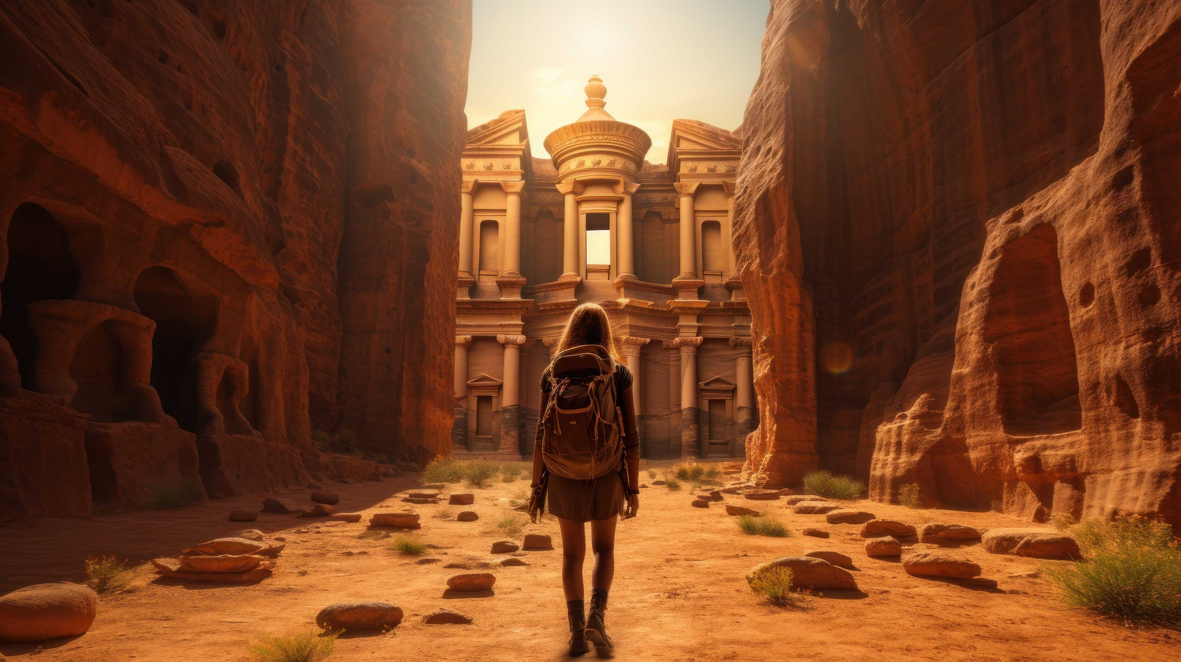 A woman traverses the desert terrain, with a structure appearing in the background under the bright sun.