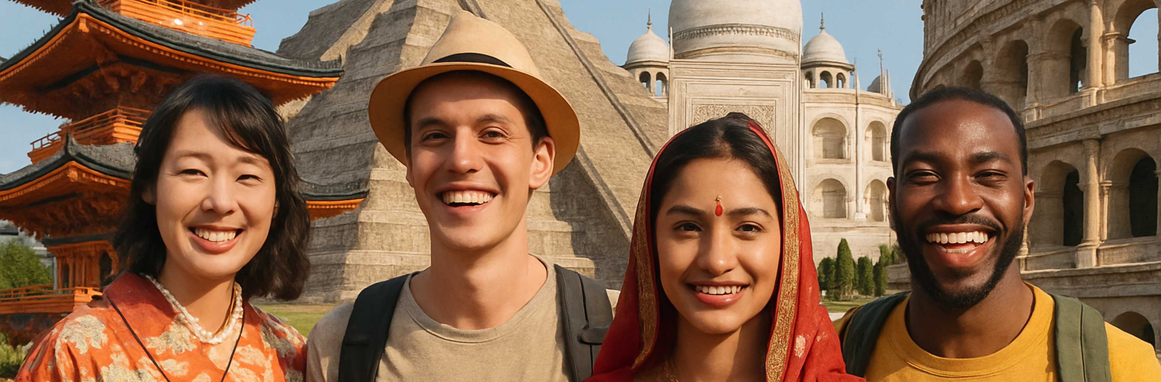 A cheerful group of people smiles together in front of a building, highlighting a moment of camaraderie.