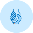 Two hands in a supportive gesture symbolizing help and unity, enclosed within a red circular background.