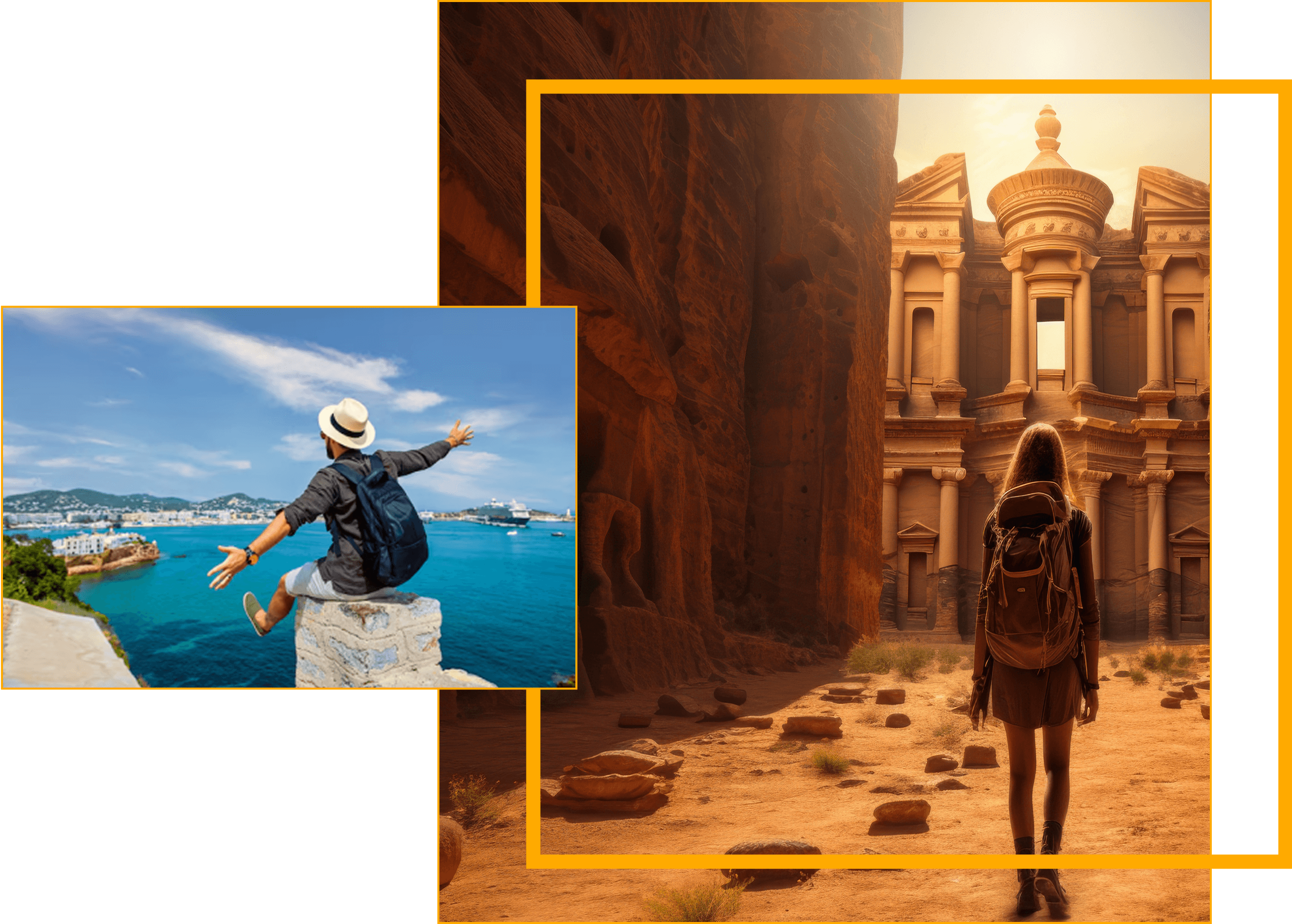 A traveler on a seaside cliff with open arms overlaps an image of a person with a backpack facing ancient stone ruins in a desert landscape.