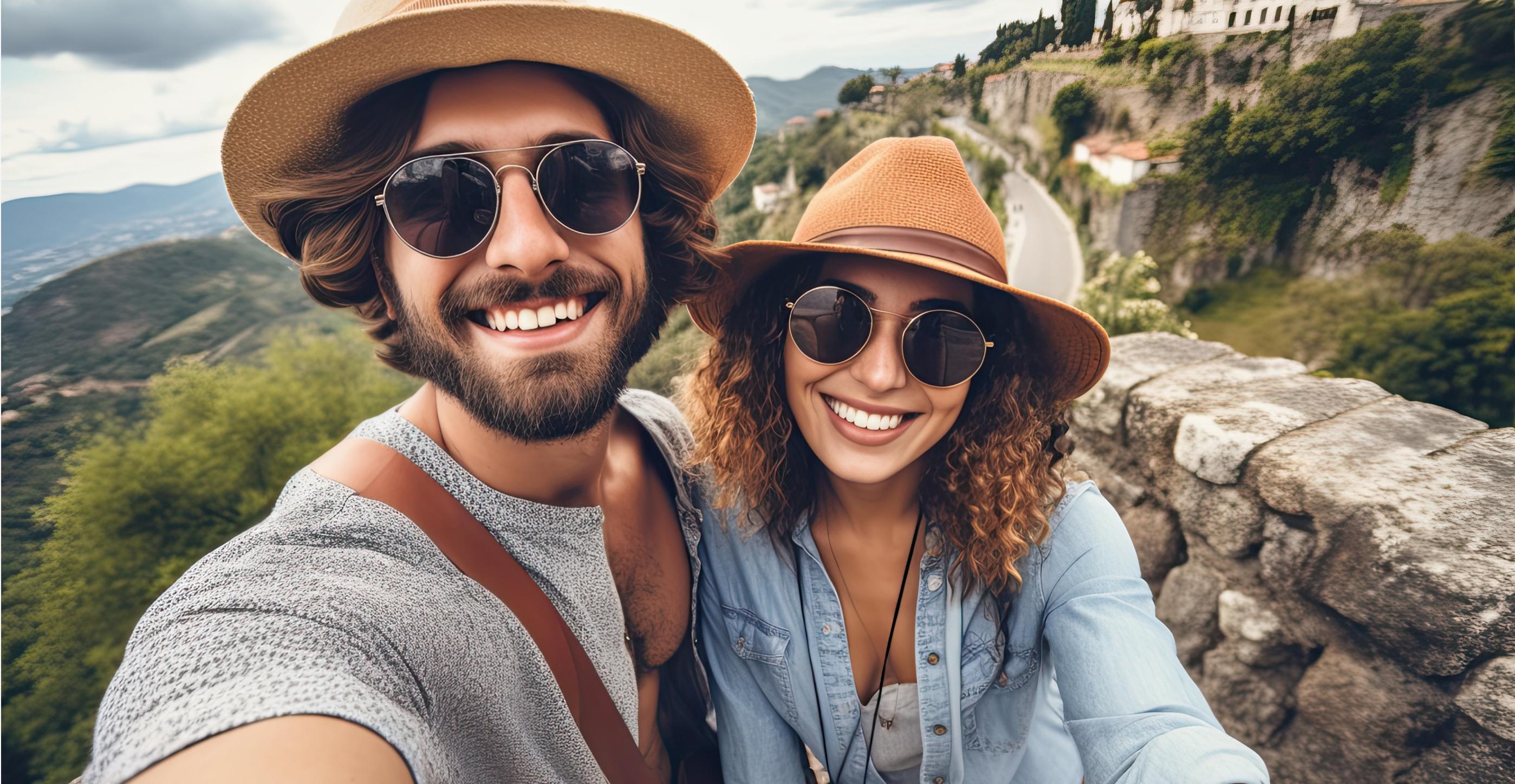A couple takes a selfie wearing stylish hats, with a mountainous landscape and historic sites in the background.