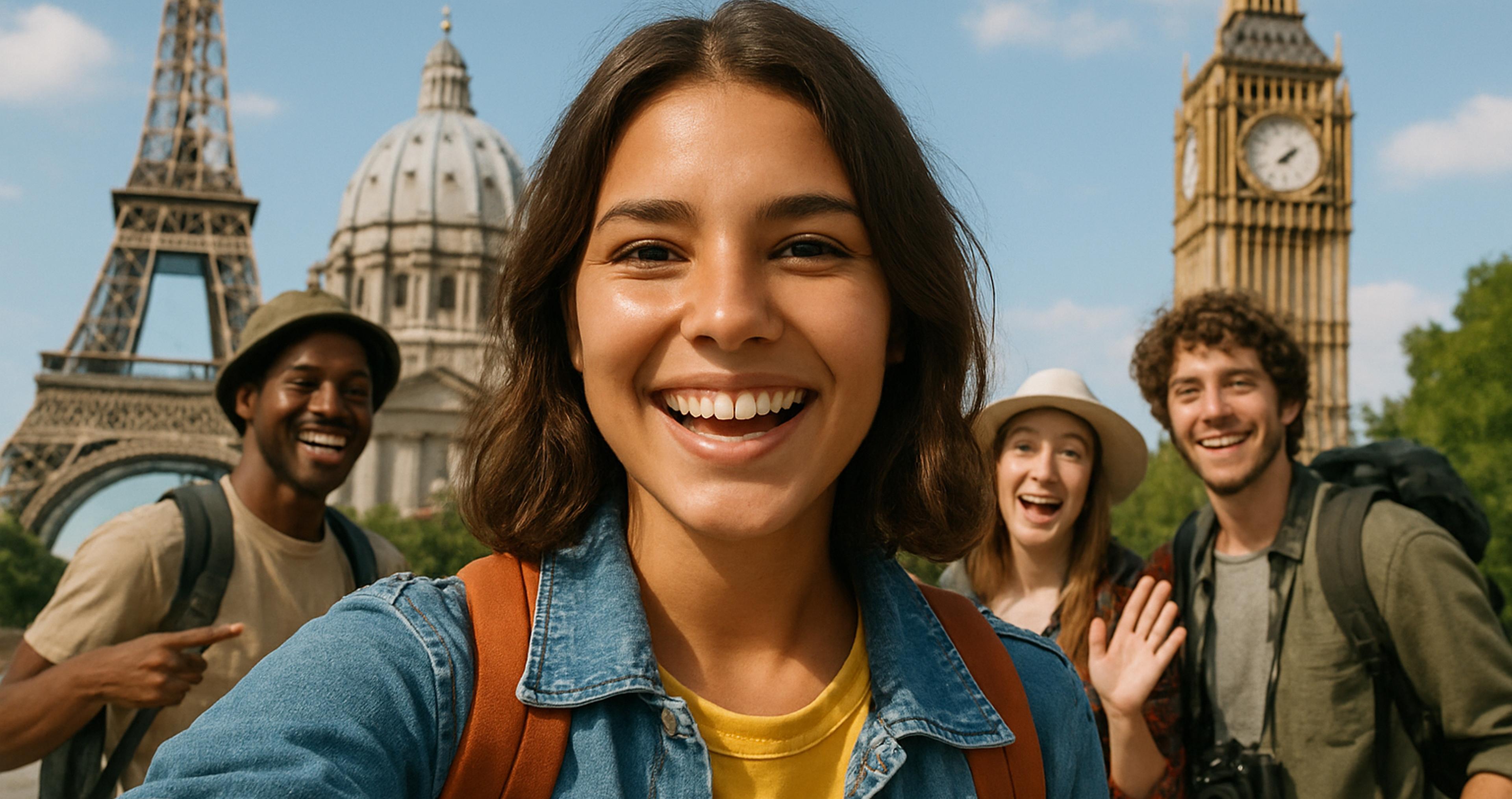 A diverse group of people posing for a selfie with the Eiffel Tower in the background, capturing a joyful moment.