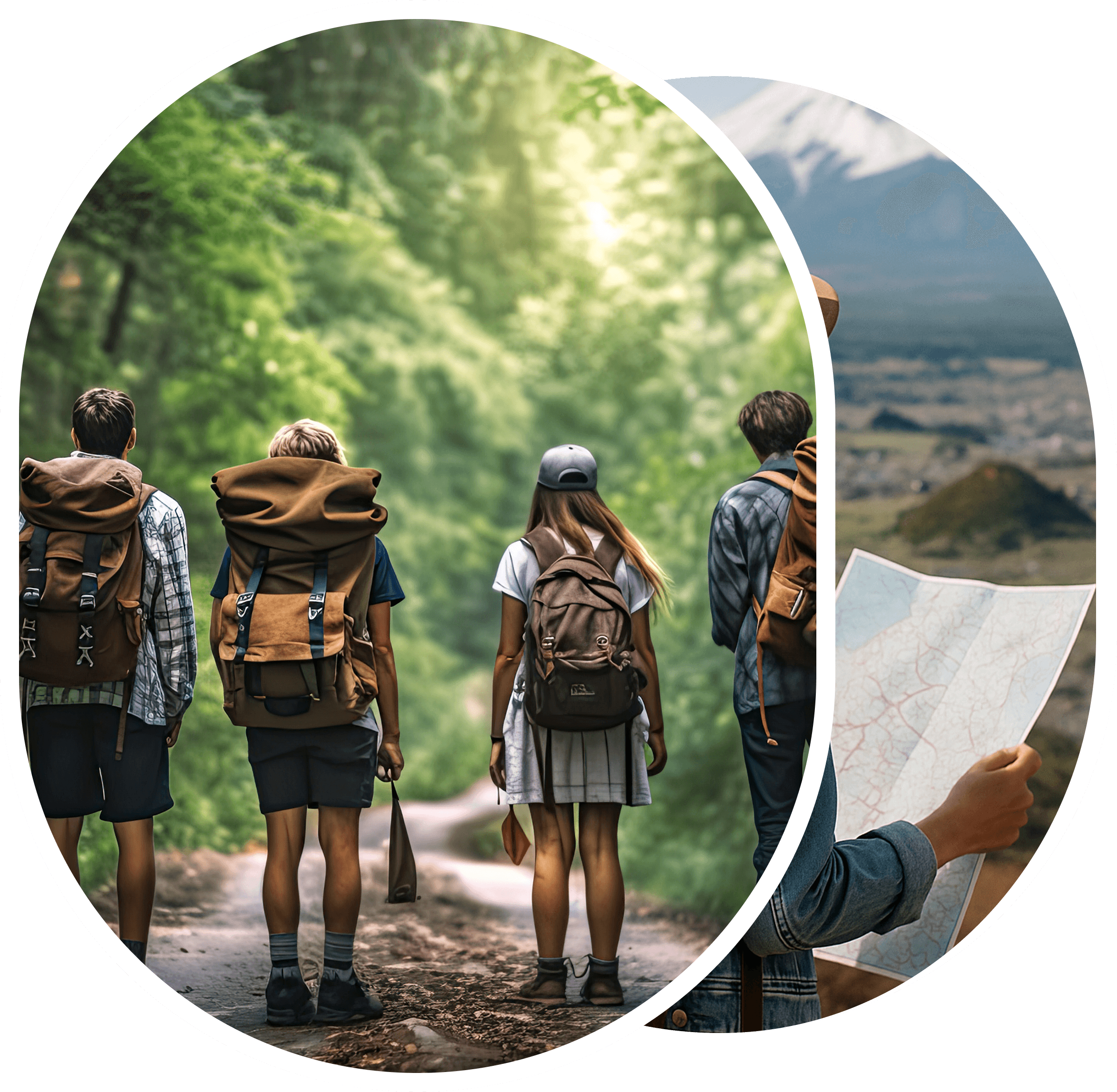 Two images show individuals with backpacks, studying maps in an outdoor setting, suggesting exploration and adventure.