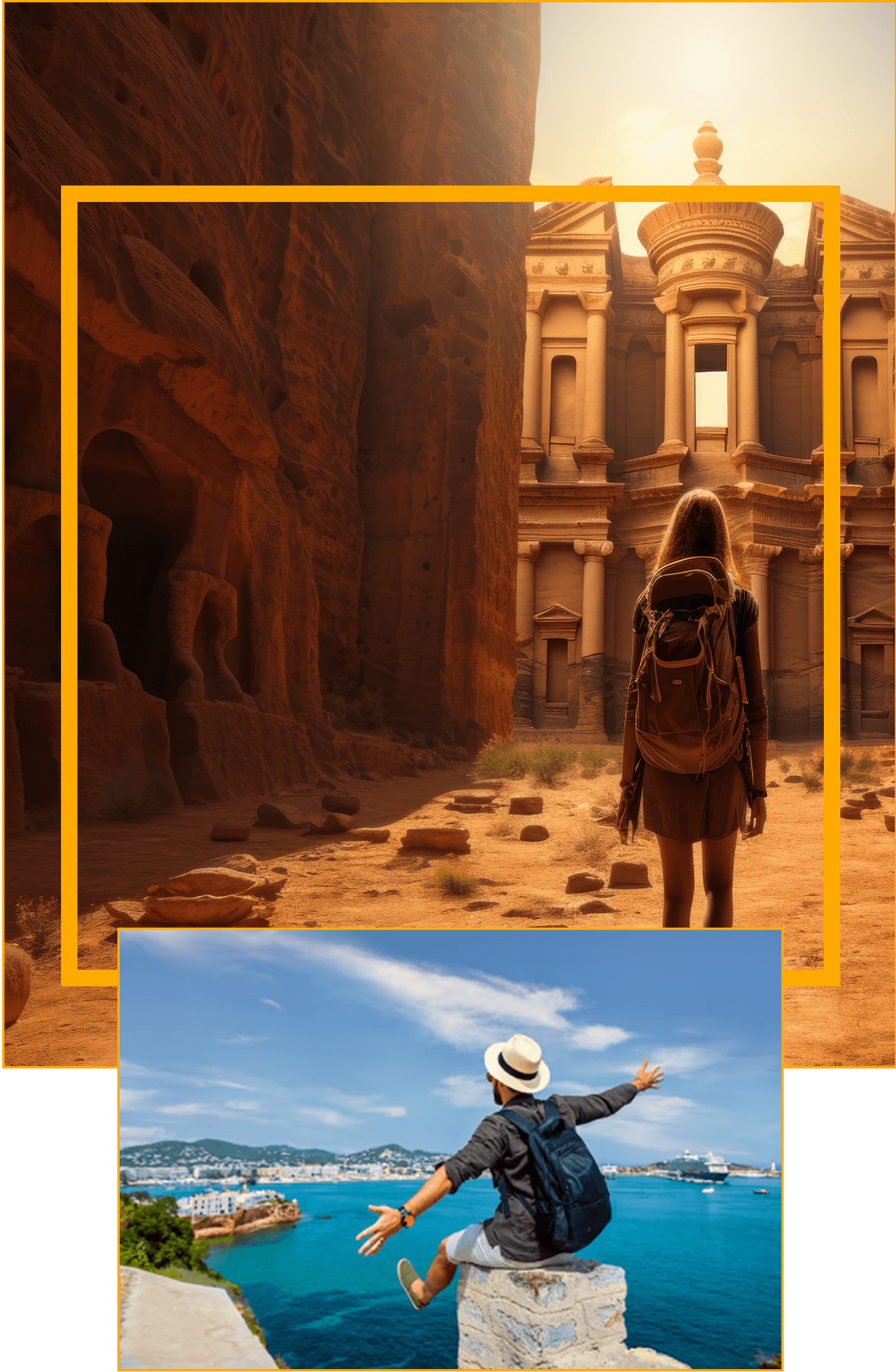 A traveler on a seaside cliff with open arms overlaps an image of a person with a backpack facing ancient stone ruins in a desert landscape.