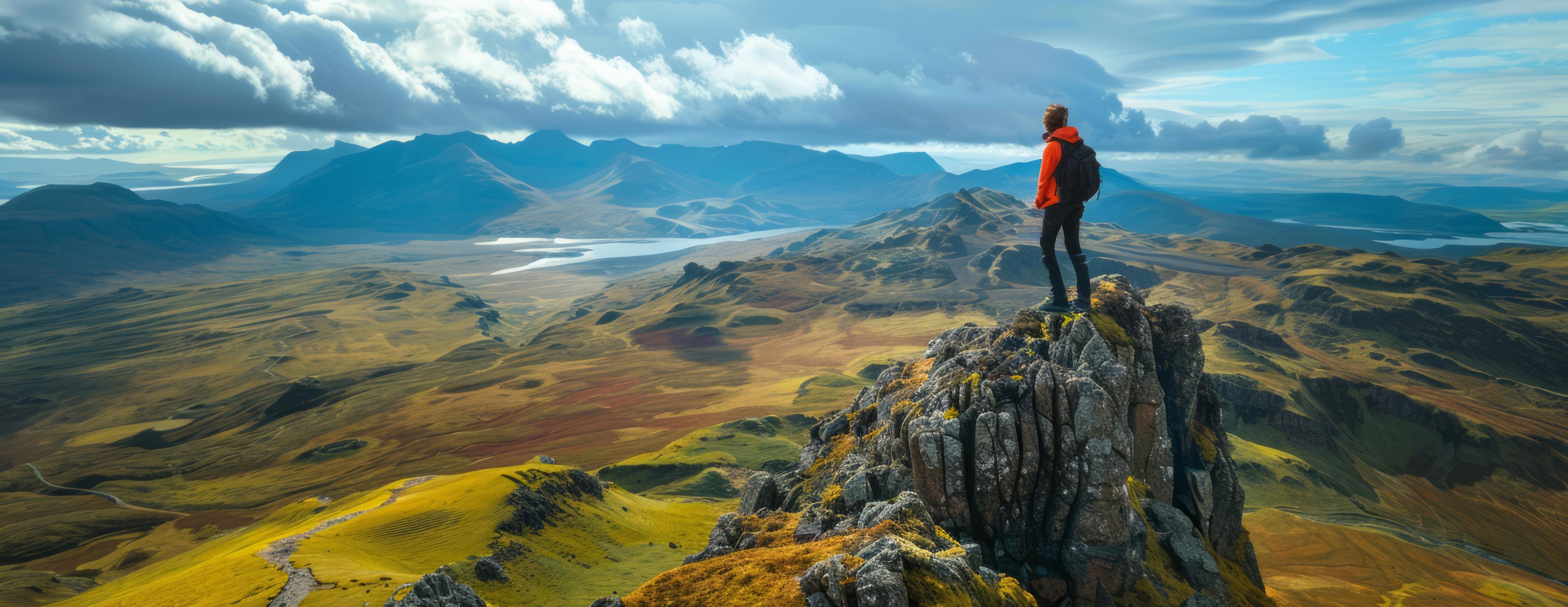 Man on a mountain summit in Scotland, enjoying panoramic views of the natural beauty and vast landscapes below.