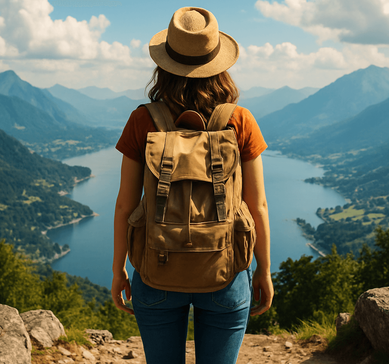 A woman with a backpack and hat gazes at a stunning lake surrounded by mountains under a blue sky with fluffy clouds.