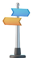 A metallic signpost with two arrows: one blue pointing left and one orange pointing right, set on a black circular base.